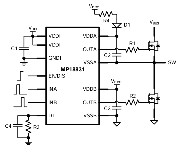 Application Circuit Diagram - Monolithic Power Systems (MPS) MP18831 Half-Bridge Gate Drivers